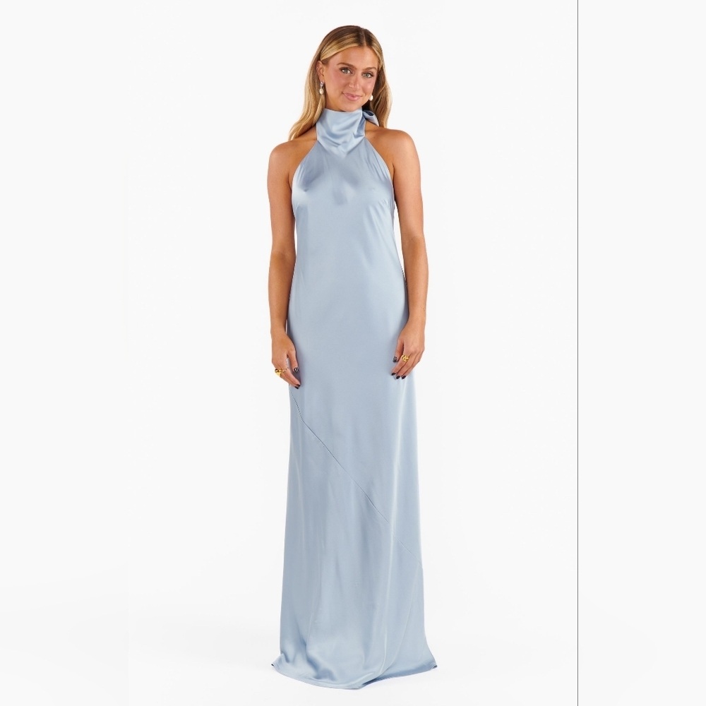 Show Me Your MuMu Lisa Maxi Steel Blue Luxe Satin Dress L Wedding Party Prom - Picture 5 of 13